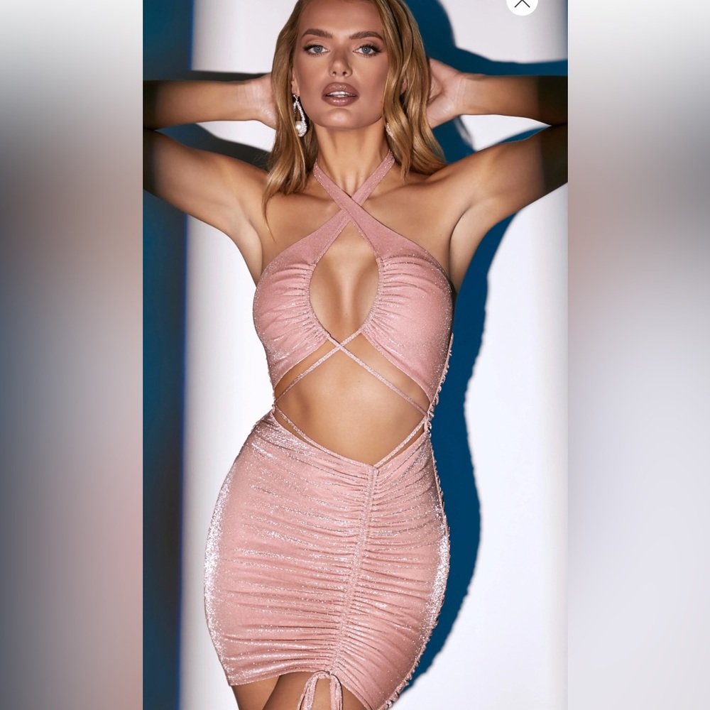 Oh Polly Keyhole Ruched Mini Dress in Blush
